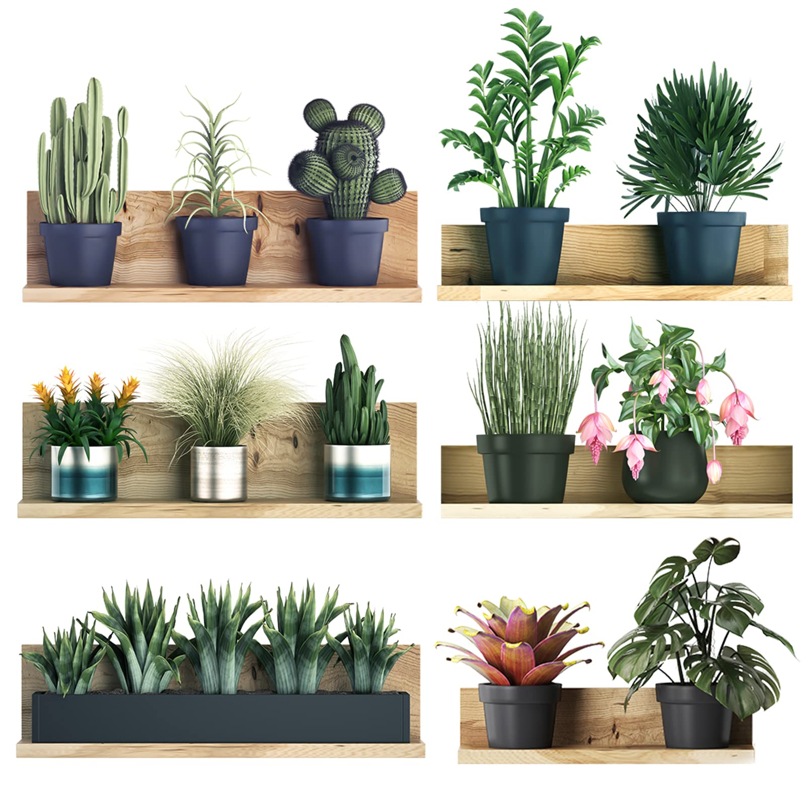 3D Green Plant Wall Stickers, 6 PCS 3D Flowers Cactus Botanical Pot Wall Decals, Potted Green Plant Leaves PVC Green Leaves Wall Stickers for Bedroom Living Room