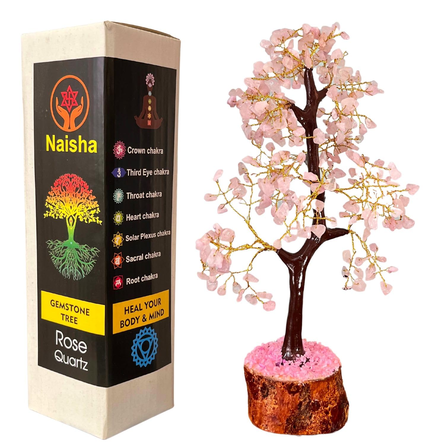 NAISHA Rose Quartz Tree of Life - Chakra Tree for Positive Energy, Feng Shui Figurine, Handmade Gemstone, Good Luck Pink Money Tree Bonsai, Meditation Stones, Spiritual Prosperity