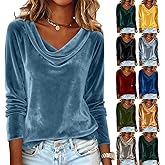 Cowl Neck Tops for Women Long Sleeve Velvet Draped Winter Shirts Casual Ruched Velour Lightweight Warm Work Blouse