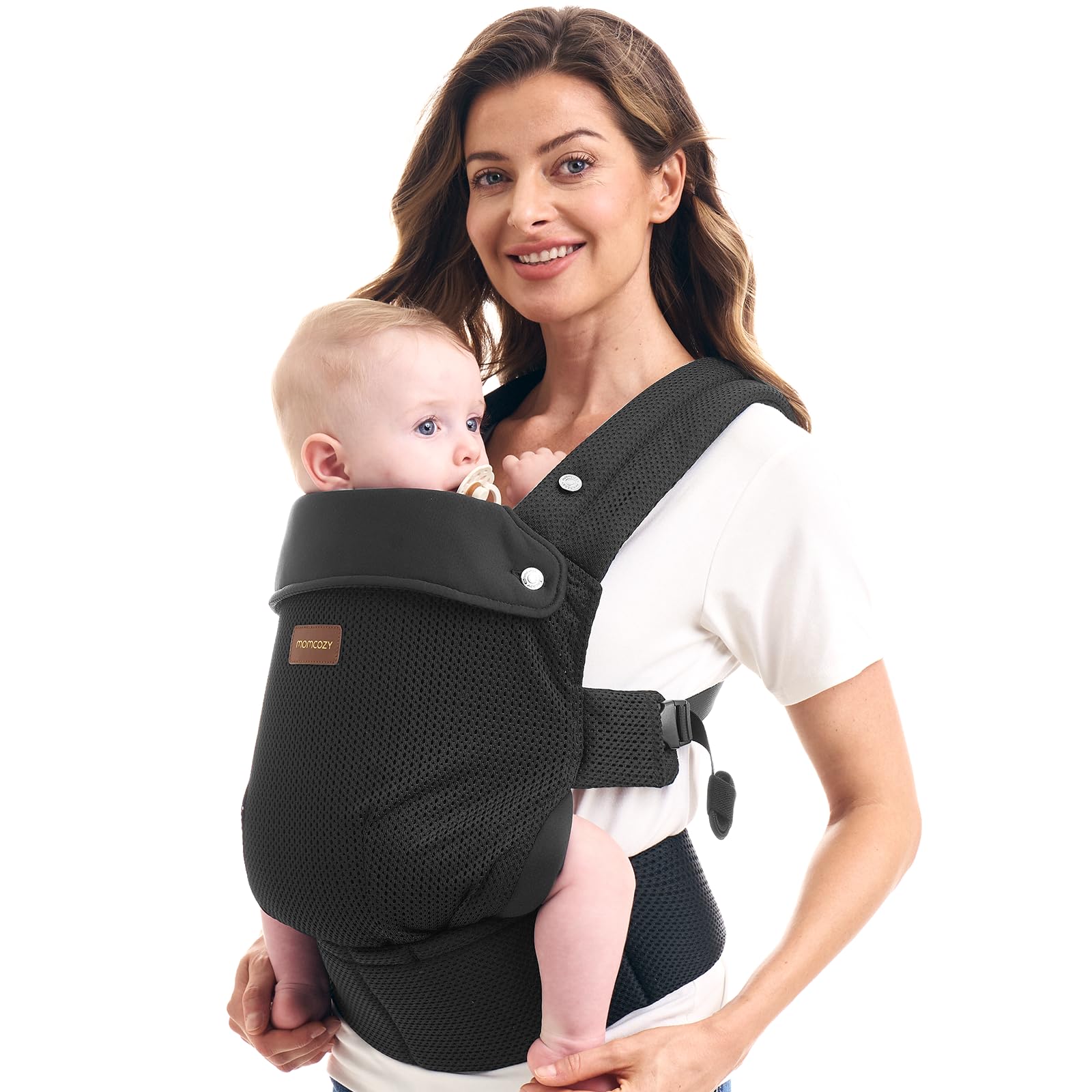 Photo 1 of Momcozy Breathable Baby Carrier, Ergonomic and Lightweight Infant Carrier for 7-45lbs with Enhanced Lumbar Support, All Day Comfort for Hands-Free Parenting, Air Mesh-Deep Black