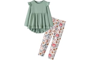 Yekaty Girls Clothes Ruffle Shoulder High Low Hem Long Sleeve Top and Floral Pants 2 Piece Fall Outfits Clothing Set