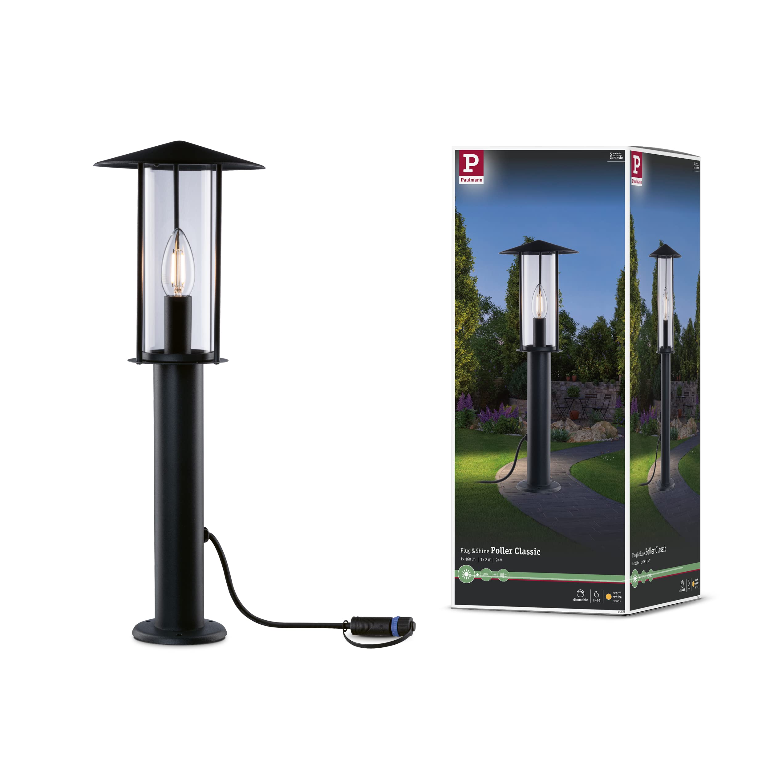 Paulmann 94322 Plug & Shine LED Exterior luminaire Bollard Classic IP44 incl. 1x2 watt dimmable Clear Metal 3000 K E14