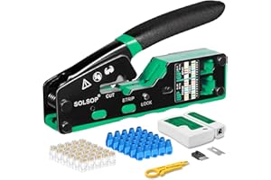 Solsop RJ45 Crimp Tool Kit Pass Through Cat6 Crimping Tool For Cat5 Cat5e Cat6 8P8C Connector, All-in-one Ethernet Crimper and Lan Tester