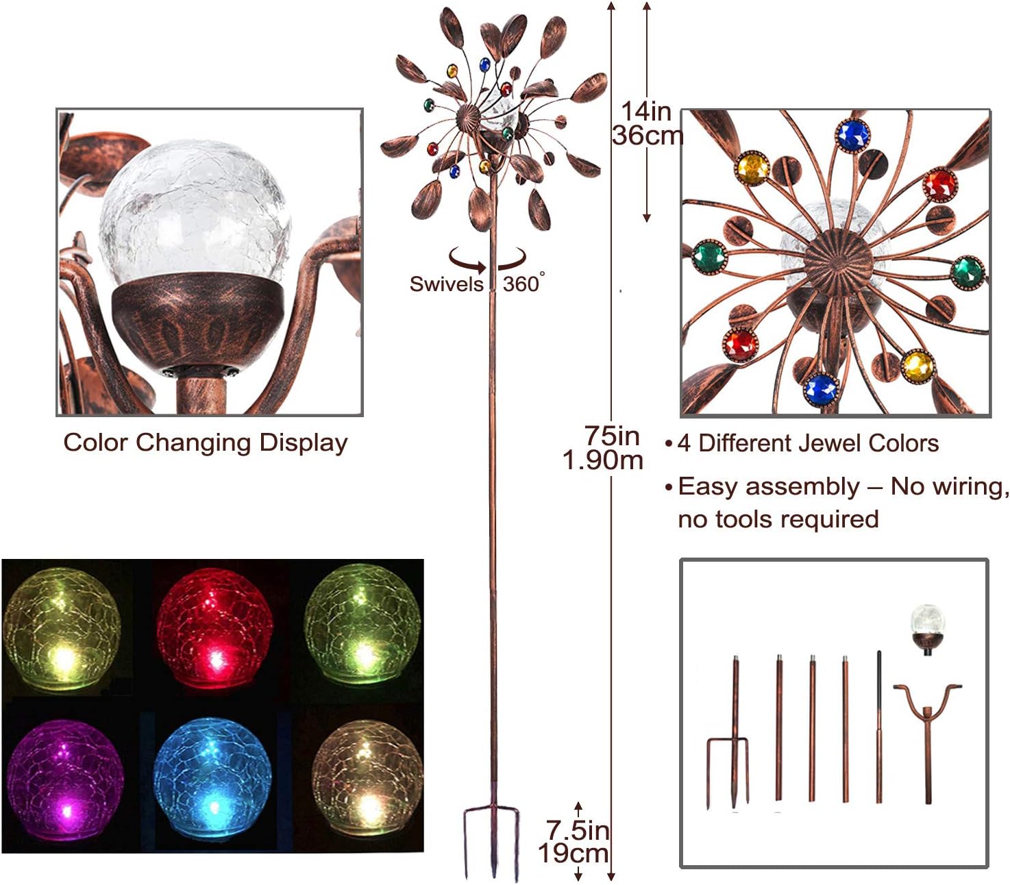 SteadyDoggie Solar Wind Spinner New 75in Jewel Cup Multi-Color Seasonal LED Lighting Solar Powered Glass Ball with Kinetic Wind Spinner Dual Direction for Patio Lawn & Garden : Garden & Outdoor