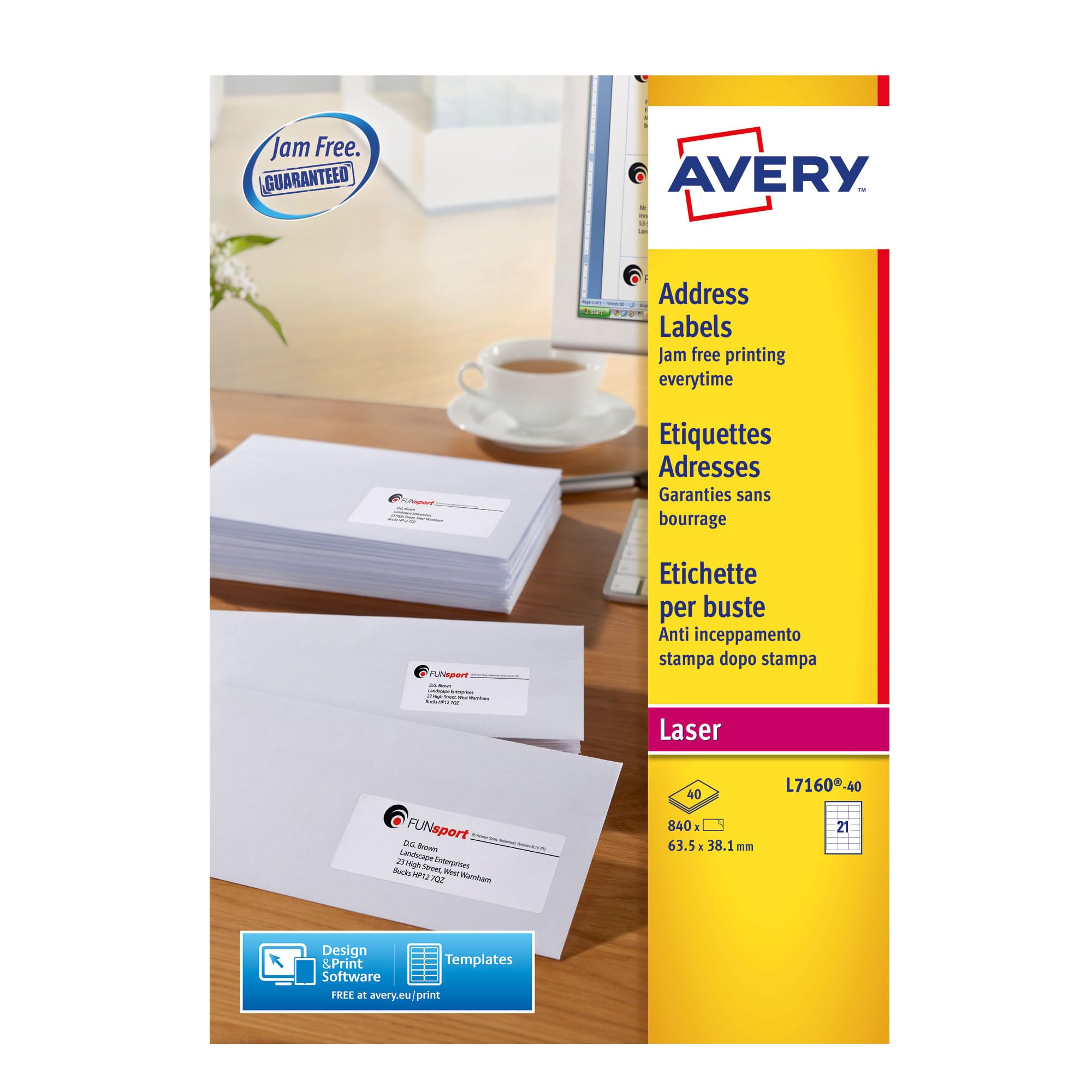 Avery L7160 Address Labels, White, 63.5 x 38.1 mm, 21 per A4 Sheet, 40 Sheets 840 Labels, JamFREE UltraGrip QuickPEEL, for Laser Printers, FSC Certified (L7160-40)