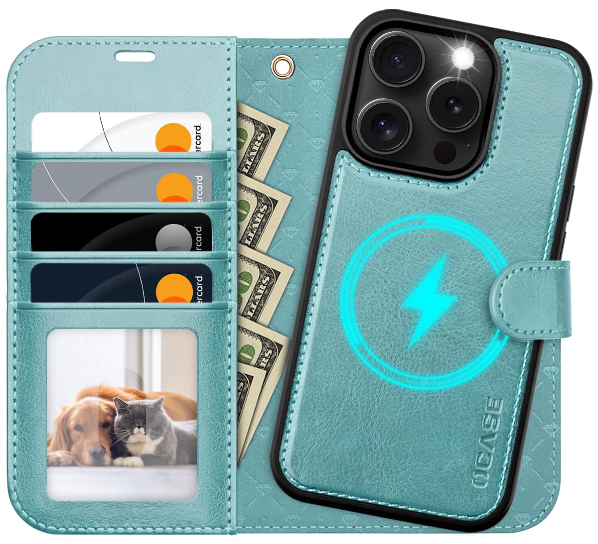 OCASE for iPhone 16 Pro Max Case, Detachable 2 in 1 PU Leather Wallet Case with RFID Blocking, Wireless Charging, Card Holders, Kickstand, Shockproof Removable Phone Cover, Ice Blue