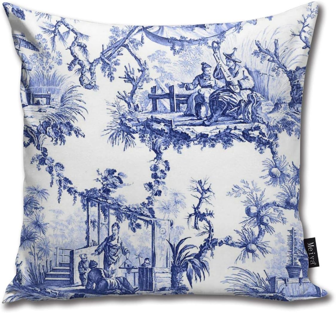 QMS CONTRACTING LIMITED Throw Pillow Cover Blue Chinoiserie Toile Decorative Pillow Case Home Decor Square 18x18 Inches Pillowcase