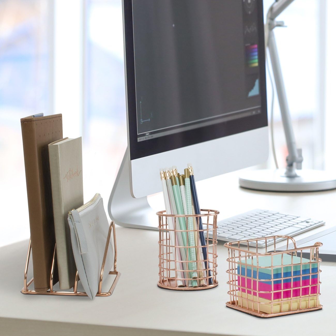 Sorbus Desk Organizer Set, Rose Gold 5-Piece Desk Accessories Set Includes Pencil Cup Holder, Letter Sorter, Letter Tray, Hanging File Organizer, and Sticky Note holder for Home or Office (Copper): Home Improvement