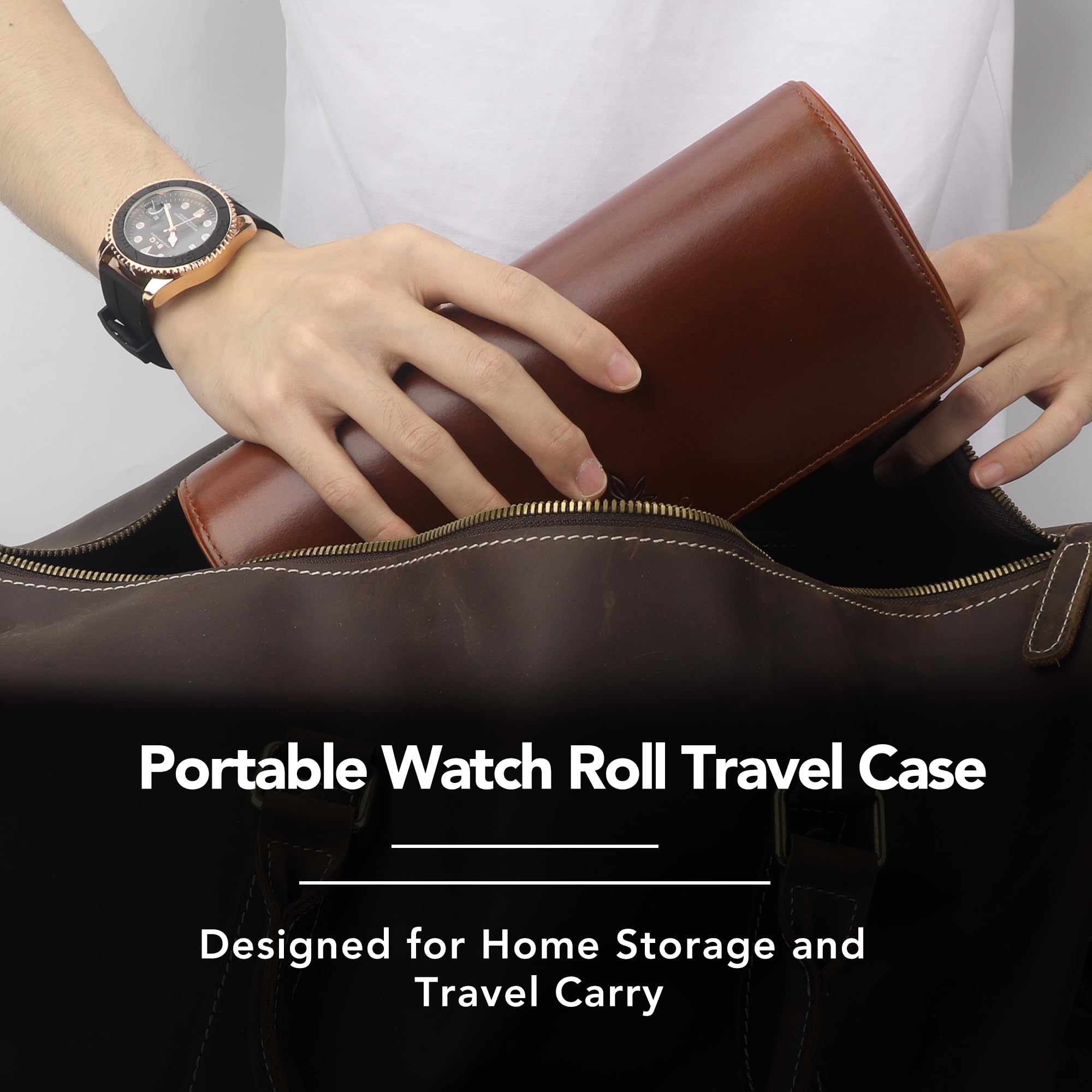 KOSMCCO Watch Roll Travel Case - Leather Watch Roll 3 Watch Travel Case, Storage Organizer and Display Case (Whiskey Brown)