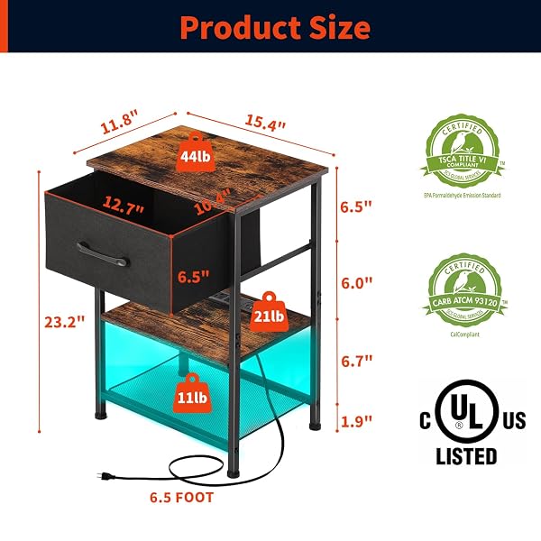LAKEMID NIGHTSTANDS SET OF 2 WITH CHARGING STATION AND DRAWER, END TABLE BEDSIDE TABLE WITH 20 COLORS LED LIGHT STRIP AND 2 LAYERS SHELF FOR BEDROOM LIVING ROOM SOFA COUCH (BLACK)