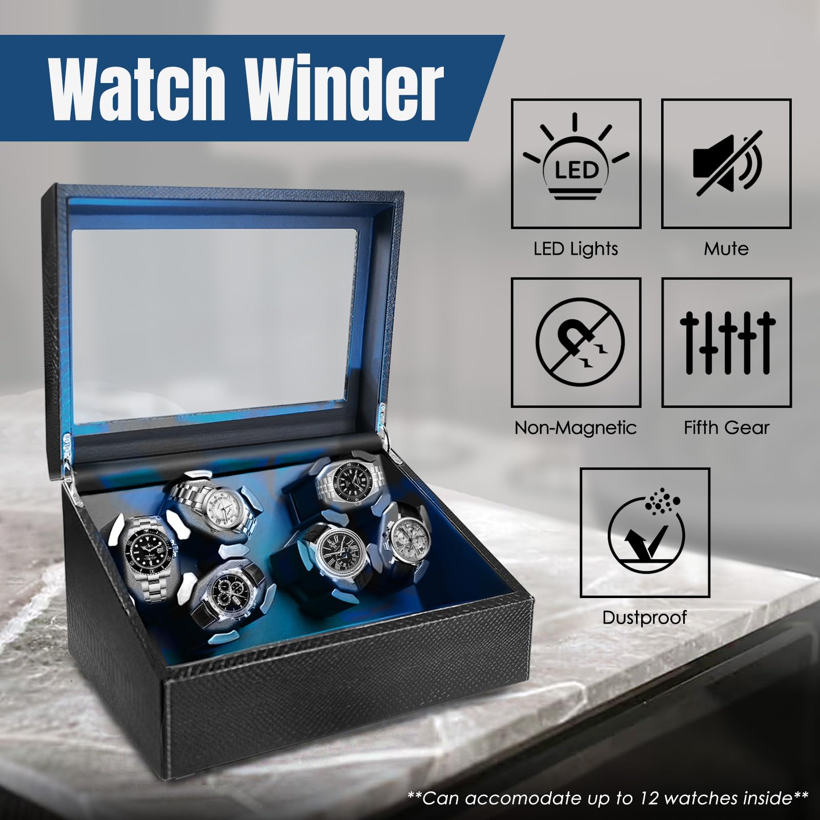 Watch Winder for Automatic Watches, Automatic Watches with Watches Storages, Automatic Watch Winder with Blue Backlight and Foam Pad, 4 Rotation Modes Rotating Watch Box