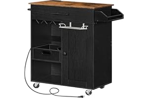 HOOBRO Kitchen Island with Power Outlet, Kitchen Storage Island with Open Shelves & Tray, Rolling Mobile Kitchen Cart Table o