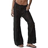 Saodimallsu Womens Crochet Swimsuit Coverup Pants High Waisted Drawstring Sexy Sheer Mesh Knit Wide Leg Beach Pants