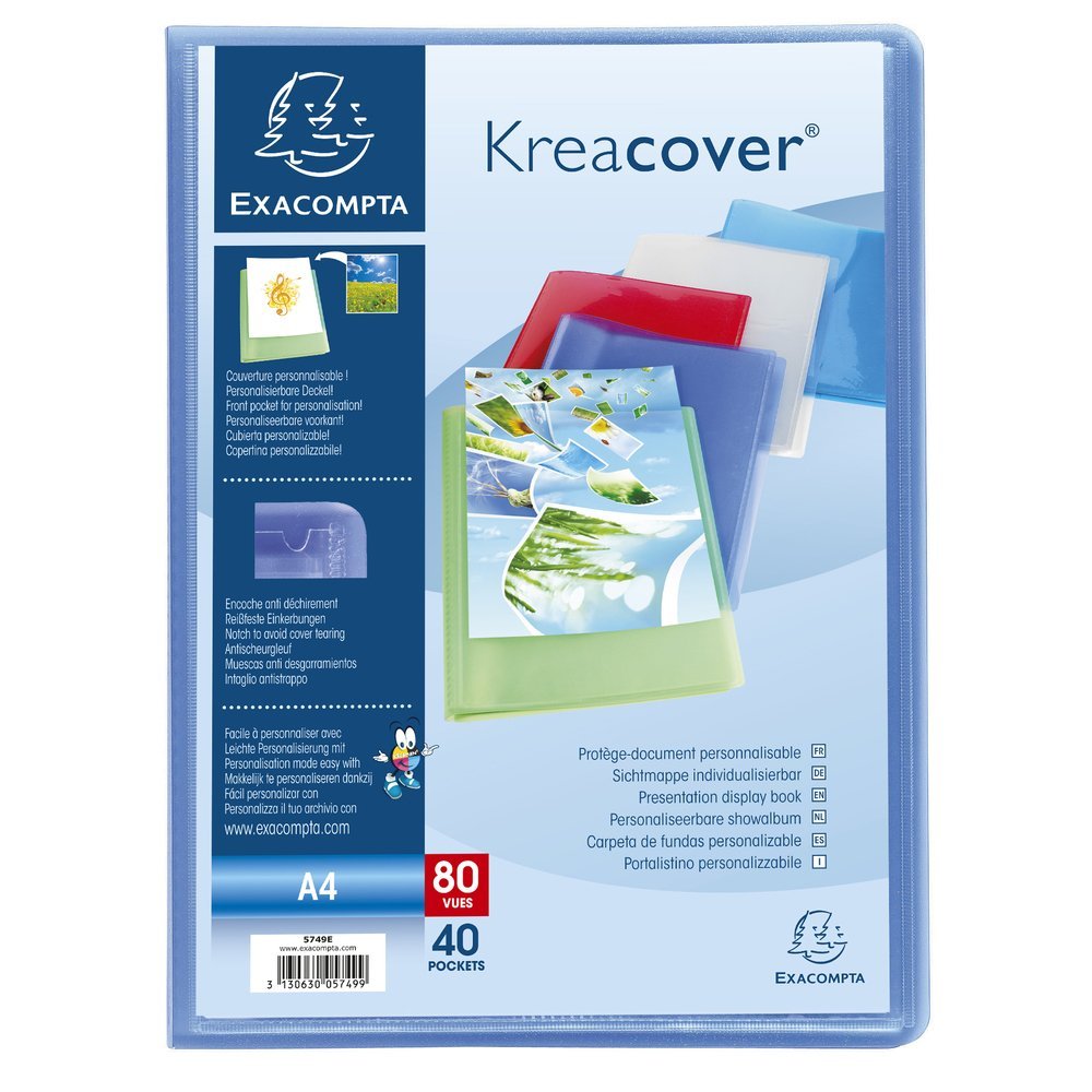 Exacompta - Ref. 5749E - 1 Kreacover Chromaline document cover - 40 smooth crystal pockets - 80 views - for A4 - size 24 x 32 cm - semi-rigid polypro cover - 5 random colors