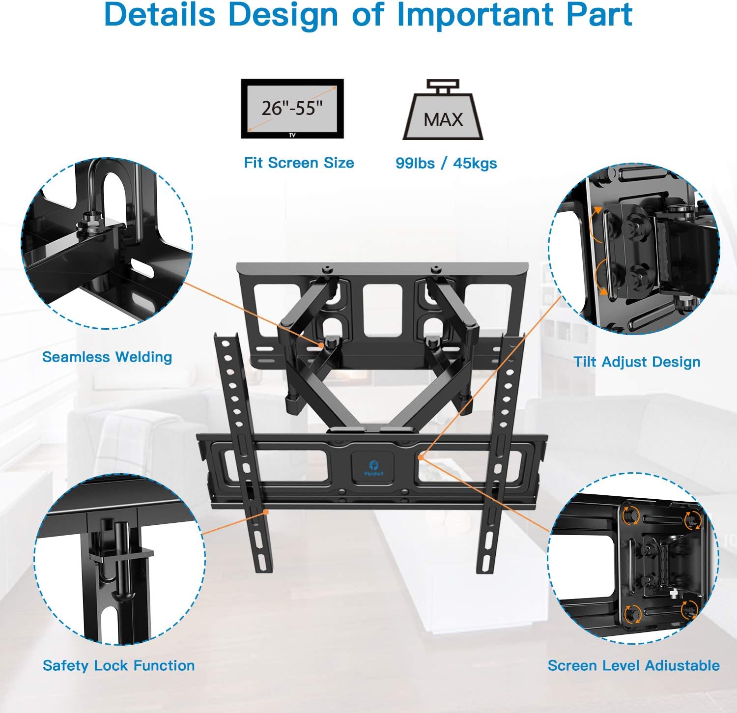 TV Wall Mount Bracket Full Motion Dual Swivel Articulating Arms Extension Tilt Rotation, Fits Most 26-55 Inch LED, LCD, OLED Flat&Curved TVs, Max VESA 400x400mm and Holds up to 99lbs by Pipishell: Home Audio & Theater
