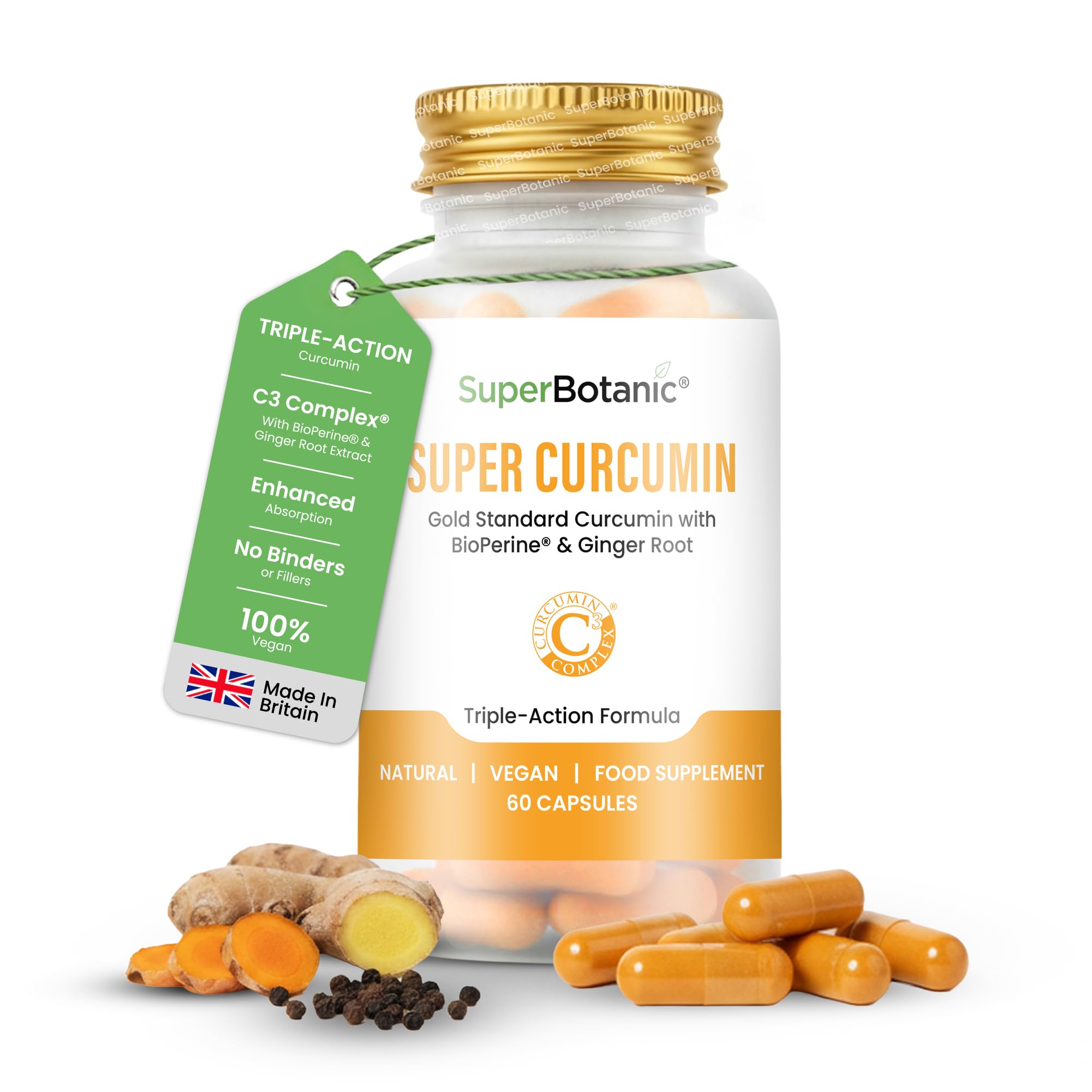 Super Botanic Curcumin Capsules 500mg 60 Vegan Capsules | Curcumin C3 Complex with Bioperine & Ginger Extract | 33,000mg Turmeric Supplements Equivalent | 100% Natural & Made in The UK