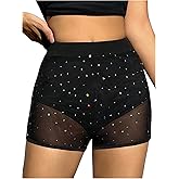 MakeMeChic Women's Rhinestone Micro Shorts Contrast Mesh Elastic Waisted Party Mini Shorts