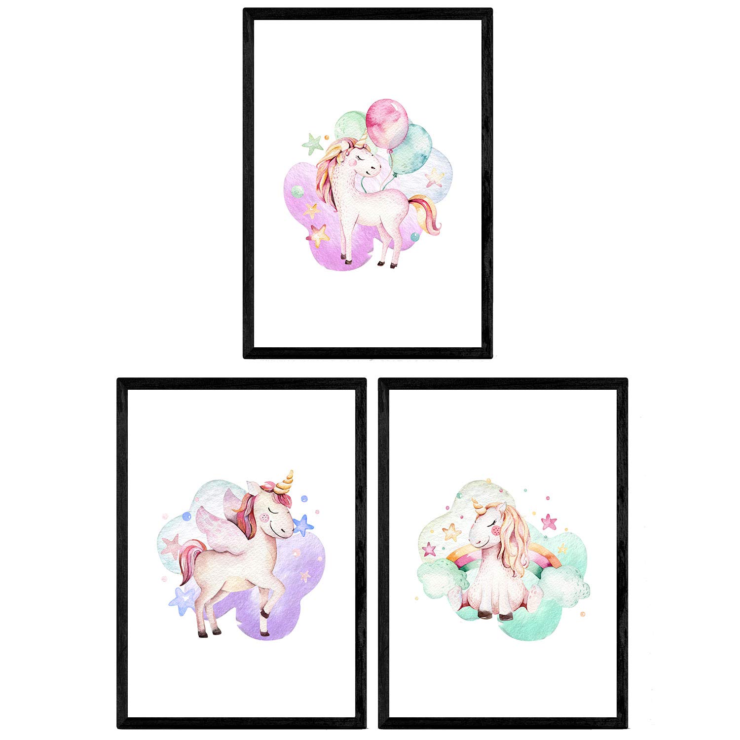 Nacnic Pack of three sheets with pictures of animals. Children posters with images of Animals. Unicorn Balloons Unicorn Rainbow and Unicorn with wings. A4 Frameless