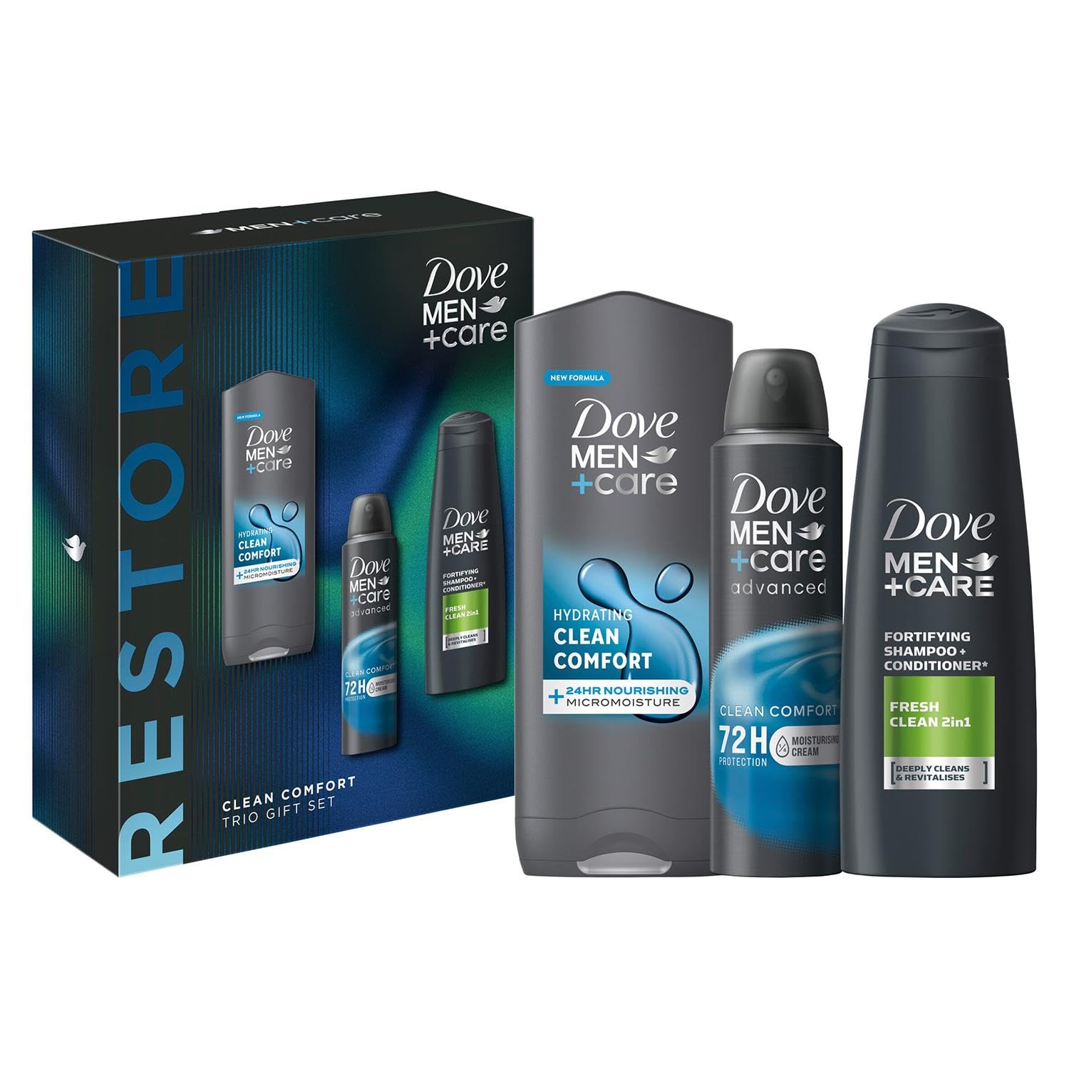 Dove Men+Care Restore Clean Comfort 3-in-1 Hair, Face & Body Wash and 2-in-1 Shampoo & Conditioner with7 2H Anti-Perspirant 3 Pieces Ready to Give Gift Set for Him