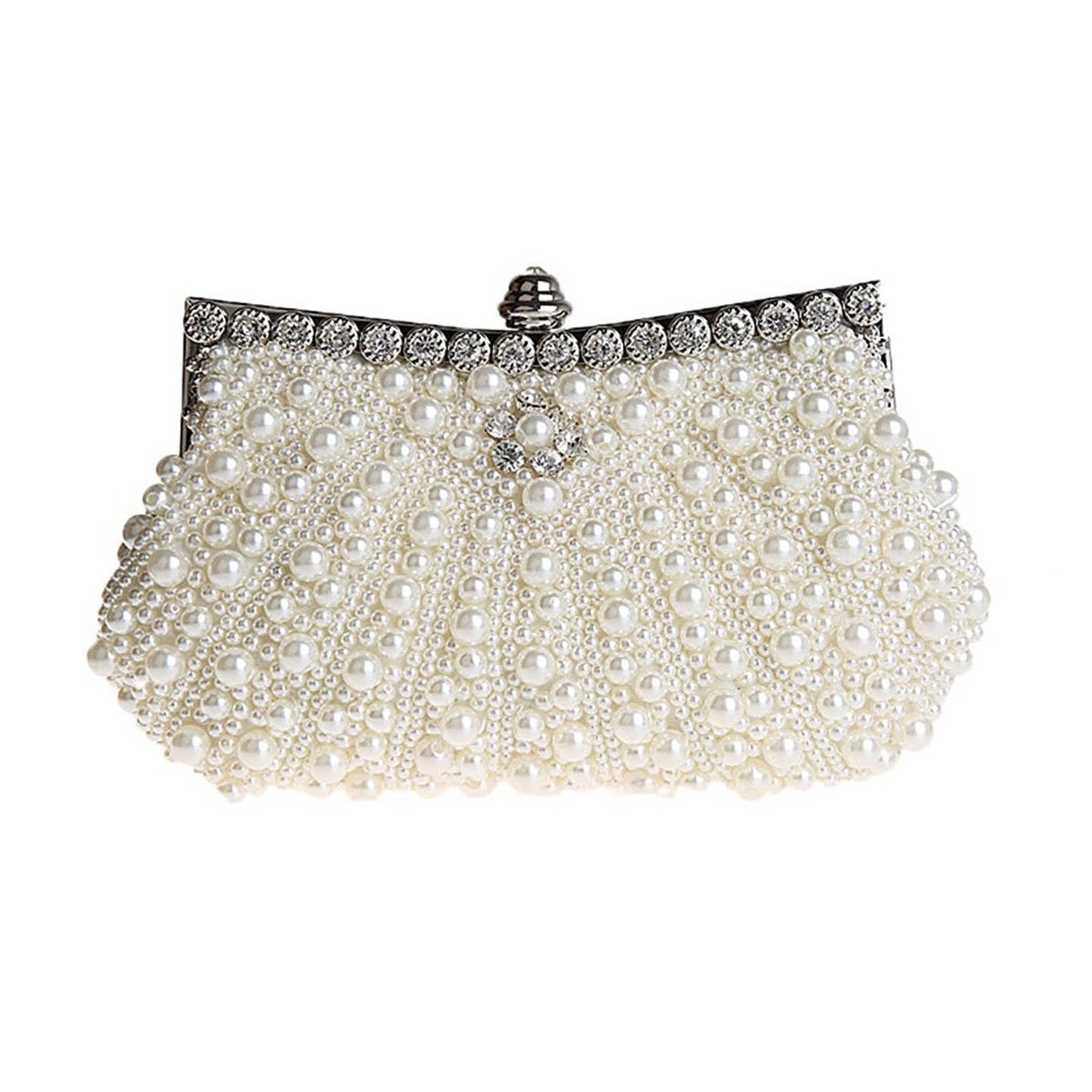 HONGCI Glitter Faux Pearl Beaded Rhinestone Women's Clutch Bag, Ladies Evening Bag Bridal Wedding Bag Handbag Prom Bag Purse (Off White)