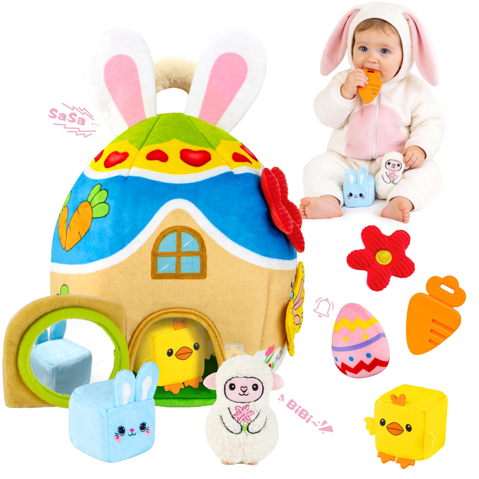 Baby Toys 6-12-18 Months - My First Plush Bunny Burrow with Stuffed Animals, Rattle, Crinkle, Teether, Montessori Sensory Toys for Babies Toddlers 1-3, Baby Easter Basket Stuffers for Boys Girls Gifts