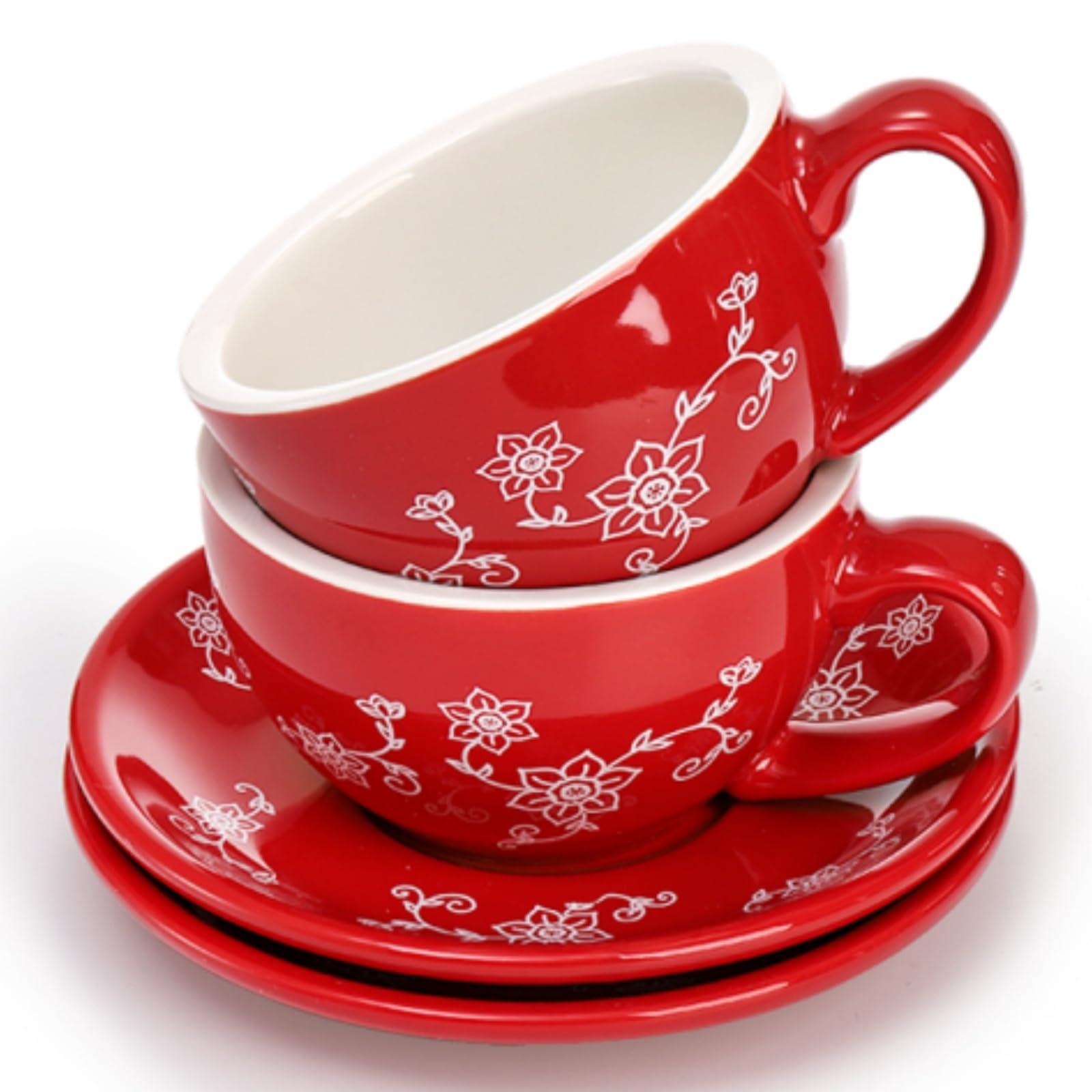 Photo 1 of Tlence 2 Pack Ceramic Cappuccino Cup and Saucer, 10 OZ Coffee Cups for Latte, Vintage Demitasse Espresso Mugs, Floral Motifs Tea Cup Set for Party Birthday Cafe Mocha, Dishwasher and Microwave Safe