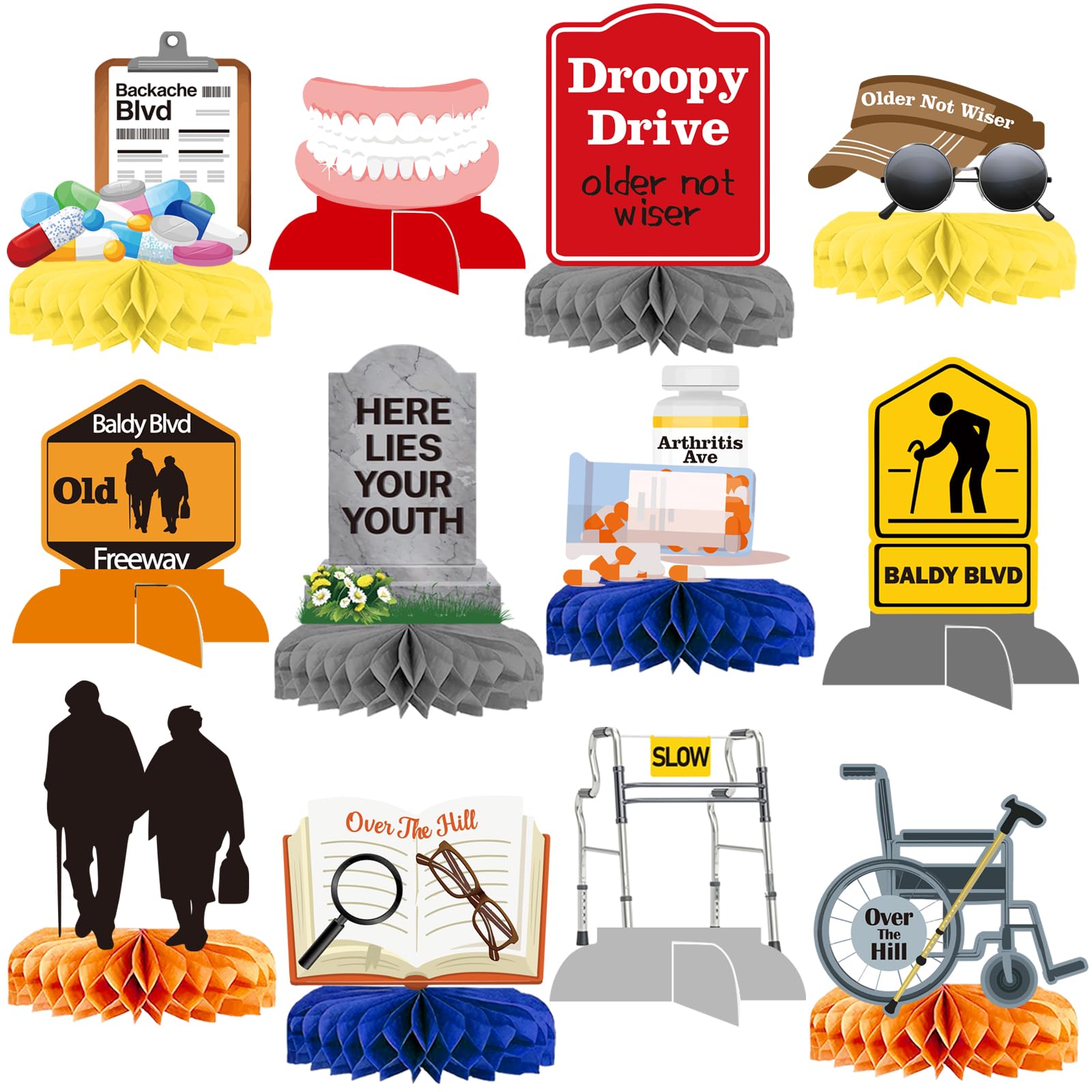Photo 1 of 12Pcs Over The Hill 50th Birthday Decorations Honeycomb Centerpieces Over The Hill Birthday Decorations Old People Gag Gifts for Old Man Birthday Decorations