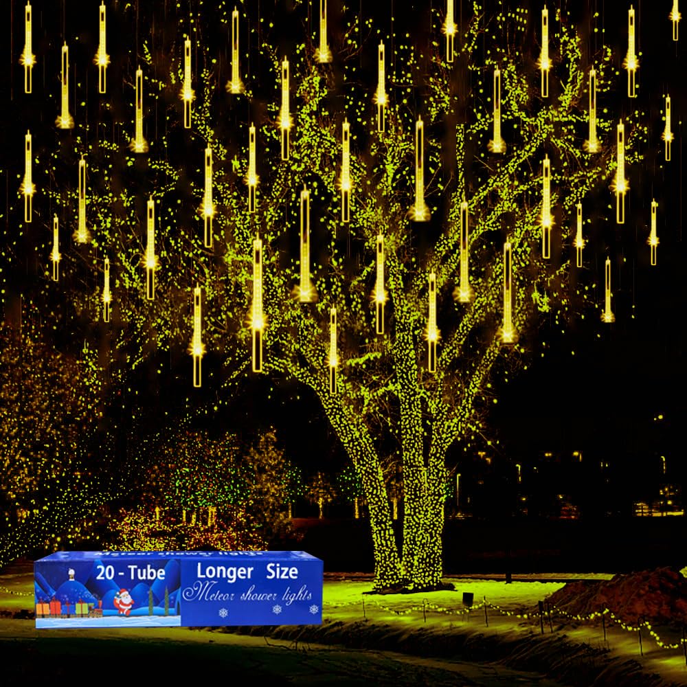 Kwaiffeo Christmas Lights Outdoor, 20 Tube (Equivalent to 2 Sets of 10-Tubes) Meteor Shower Lights Fairy Lights Plug in Christmas Lights for Indoor/Outside/Garden/Xmas Decorations, Warm White