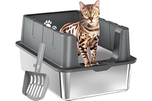 Sousia Enclosed Stainless Steel Cat Litter Box with Lid Extra Large Litter Tray for Big Cats XL Metal Litter Pan with High Wall Sides Enclosure, Non-Sticky Anti-Leakage Easy Cleaning Include Scoop