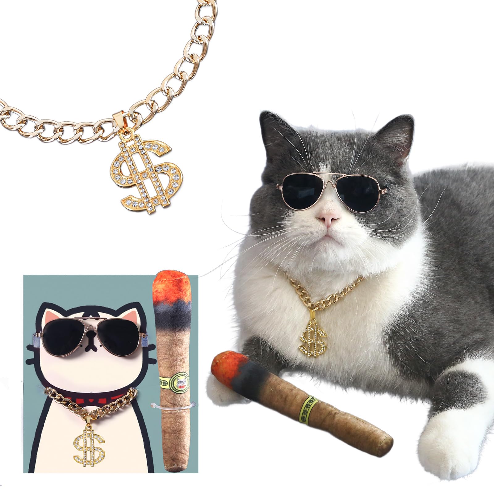 Photo 1 of Fashion Cat Sunglasses and Gold Chain Toys Set, Cuban Link Necklace with Dollar Sign Charm, Puppy Costume Outfits Accessories for Small Middle Fat Cats (Cat)