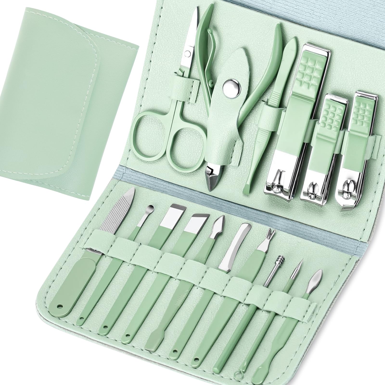START MAKERS Manicure Set - 16 in 1 Professional Nail Clipper Set - Stainless Steel Pedicure Kit Nail Care Kit for Men Women with Storage Travel Case, Green