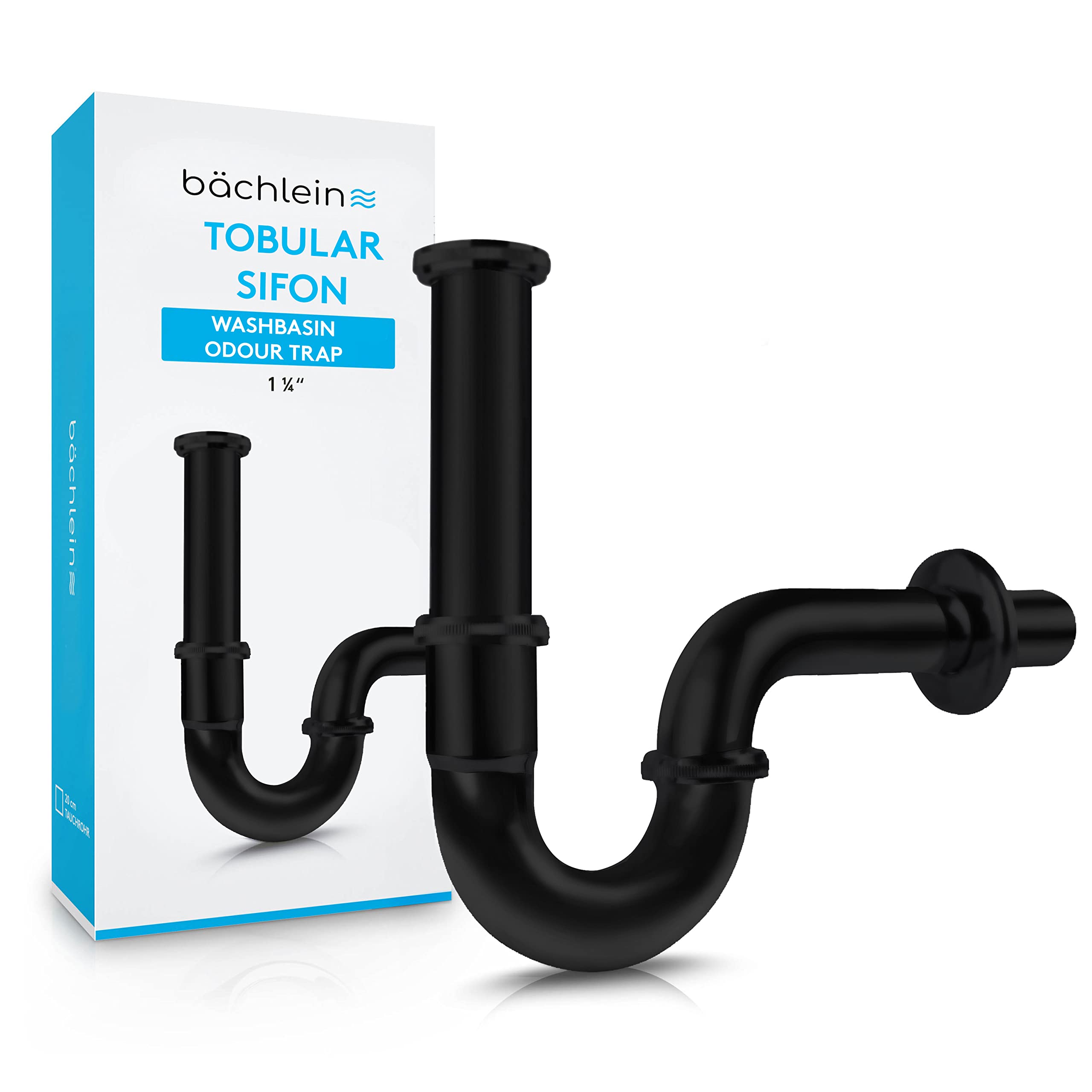 Bächlein Universal Tubular Siphon [Extra Long Black] for Washbasin & Washstand - Drain Set, Chrome Siphon incl. Rubber Sleeve for Wall Connection - Odour Trap, Drain Set