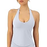 PAVOI ACTIVE Workout Halter Tops for Women Built in Bra - Low Support V Neck Backless Sports Tank Top Shelf Bra - HiPerform