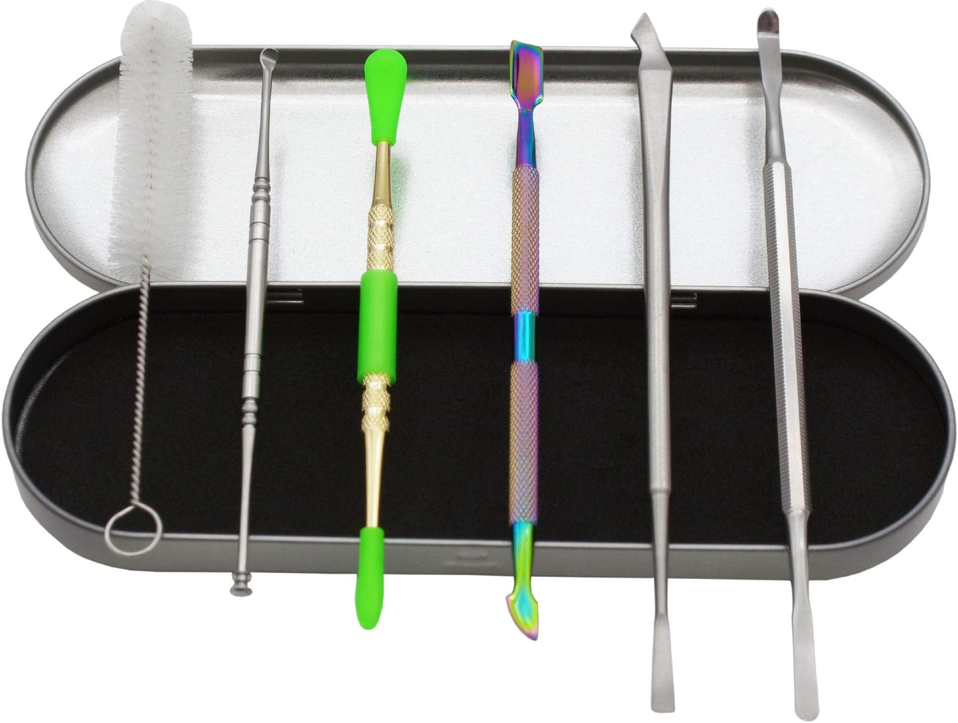 Vitakiwi (Set of 6) Double-ended Stainless Steel Wax Carving Concentrate Tools Set with 3 Silicone Caps and Cleaning Brush (A)