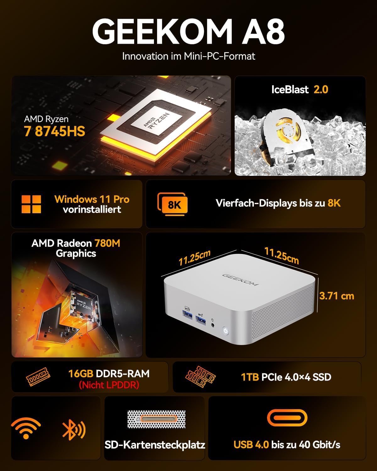 GEEKOM A8 [Die besten Office Mini-PCs] mit AMD Ryzen 7 8745HS(3-Jahren-Garantie), 16GB DDR5 & 1TB SSD Windows 11 Pro Mini Computer, AMD Radeon 780M | 6X USB | 8K | für Homeoffice 3