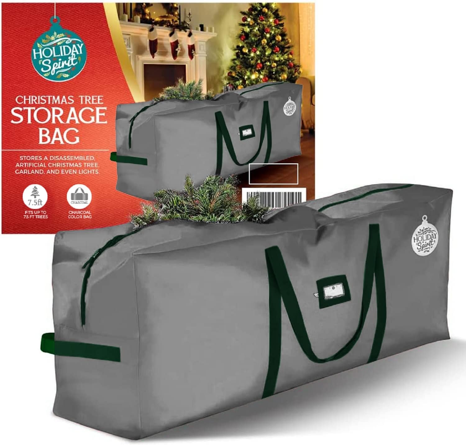 Holiday Décor Storage - HOLIDAY SPIRIT Christmas Tree Storage Bag - Heavy-Duty Christmas Tree Bag with Durable Reinforced Handles & Zipper, Waterproof Storage Bag Protects from Moisture & Dust (Fits a 7.5FT Tree, Charcoal)