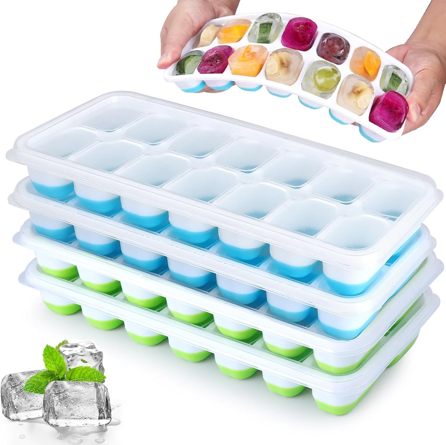 2 Pack Ice Cube Trays with Lids, BPA Free Silicone Ice Cube Moulds LFGB Certified, Stackable Ice Cube Mold for Baby Food, Chilling Whiskey and Drink, Flexible & Easy-Release