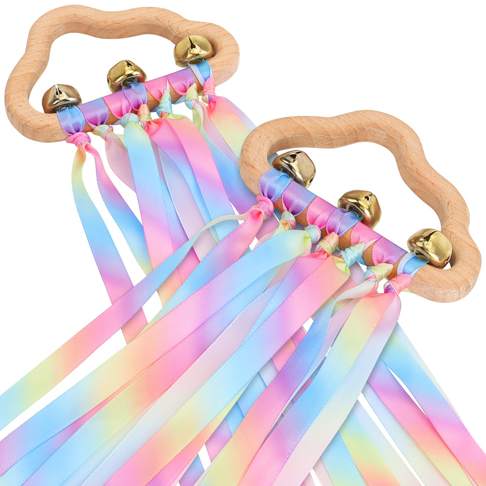 Sensory Toys for Babies - 2 Pack Teething Sensory Toy Rainbow Ribbons Rattle Toys Baby Wooden Toys for Babies Infant Toddler 3-24 Months Light Gradient — image 1