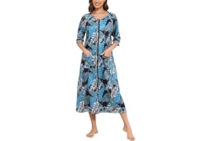 Rubehoow Robe Women's Zipper Front House Coat Half Sleeve Bathrobe Full Length Soft Cotton Duster Coat with Pockets