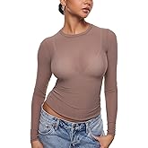 INLYRIC Women's Cosnufy Mesh Sheer Long Sleeve Tops See Through Crew Neck Going Out Tops Trendy Sexy Shirts