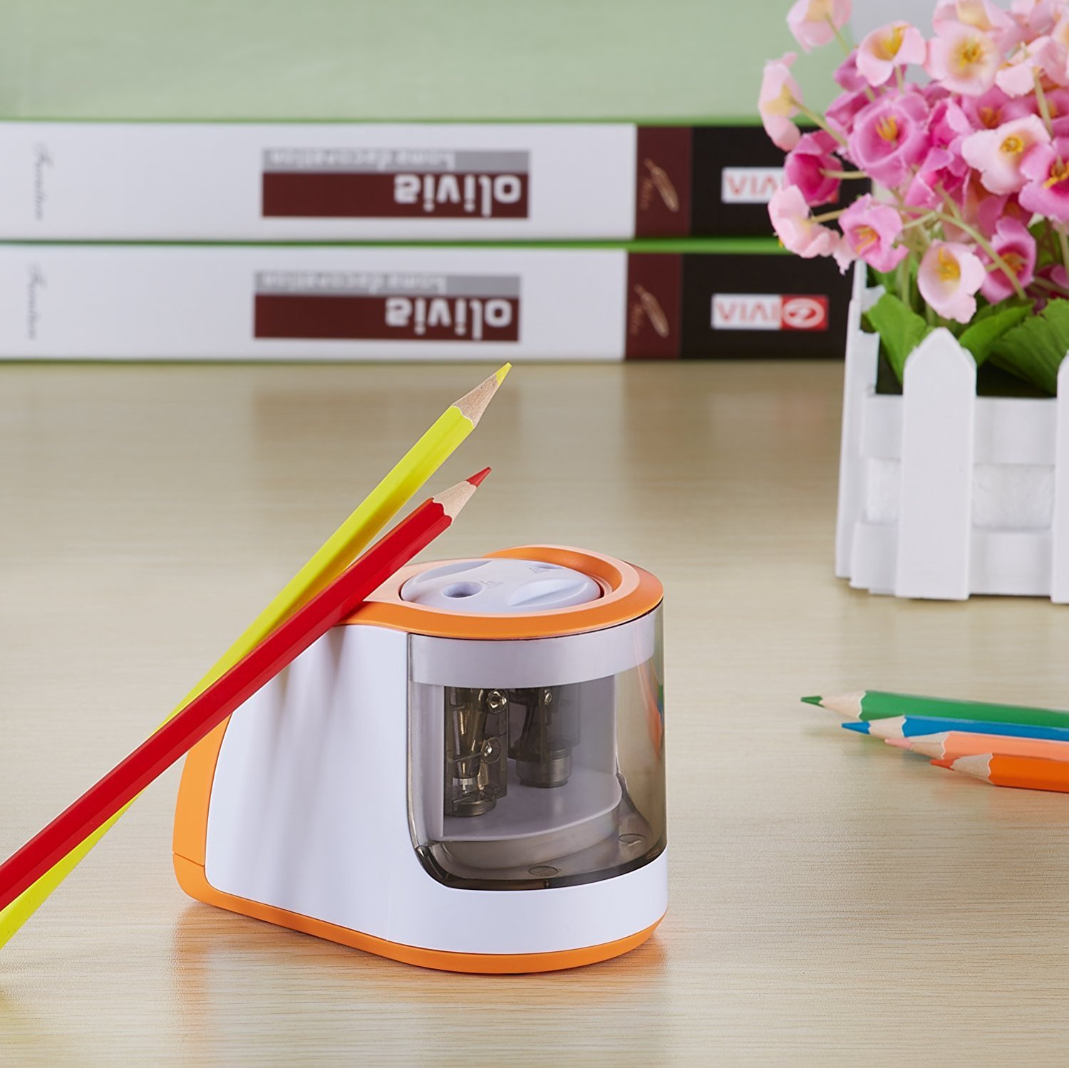 Reliatronic Electric Pencil Sharpener with 2 Holes, Especially Suitable for Colored Pencils, Both AC Powered and Battery Operated, Orange