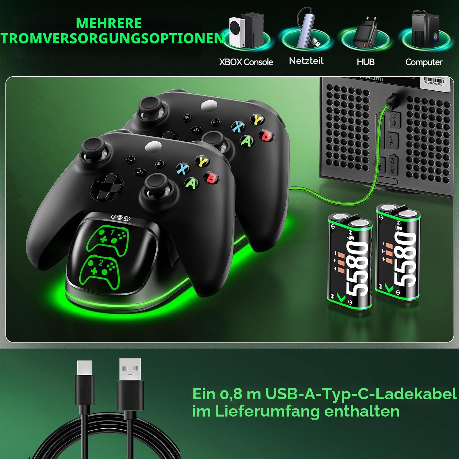 OIVO Xbox Controller Ladestation mit 2X 5580mWh Wiederaufladbaren Akku für Xbox One/Series X/S, Xbox Akku für Controller mit Ladestation 4