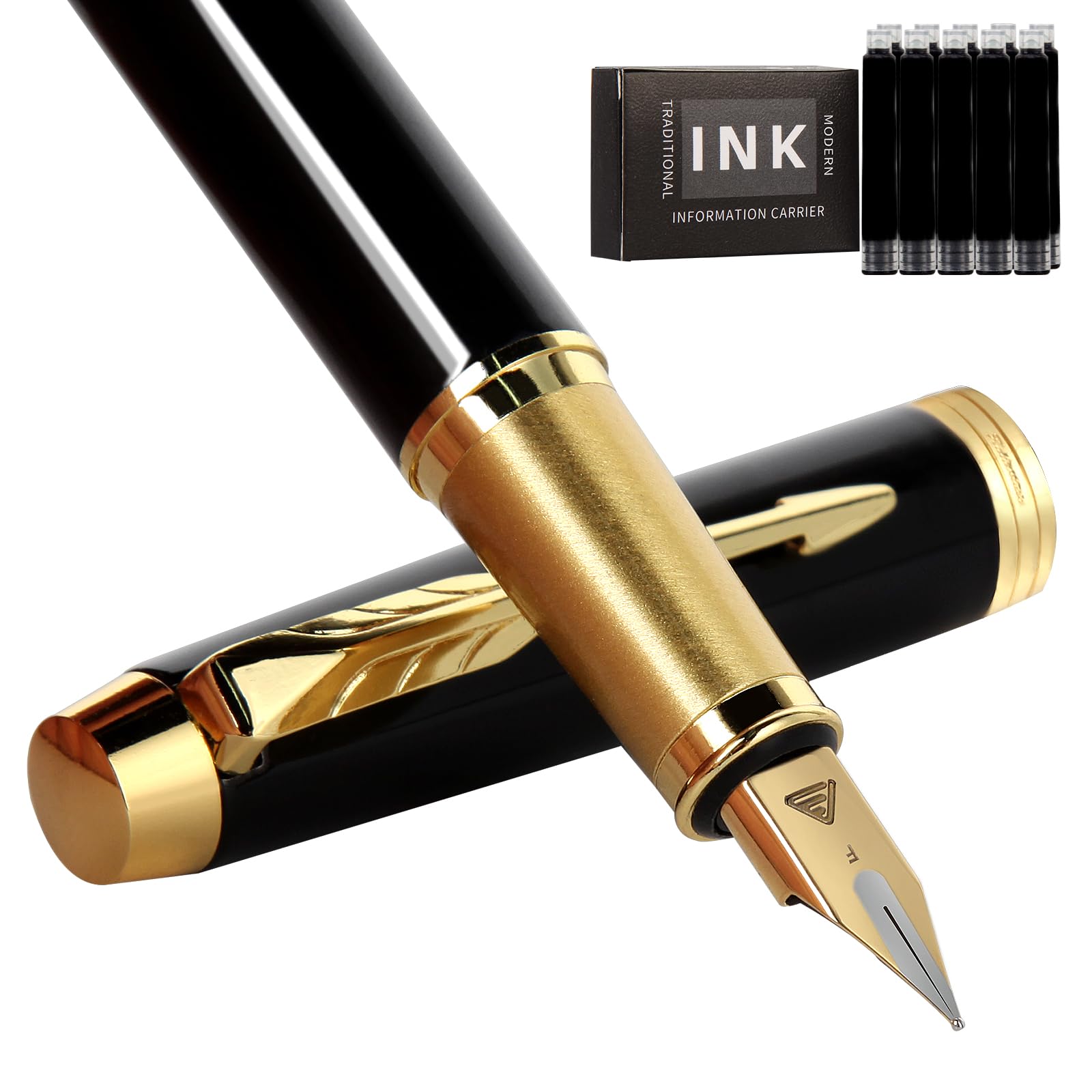 Zalantan Fountain Pen, luxury Fine point smooth writing pens for journaling fancy pens with Gift Case 8 black ink cartridges an ink converte nice pens metal pen writer gifts (Black)