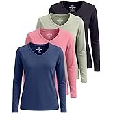 Real Essentials 4 Pack: Women's V-Neck Cotton Long-Sleeve T-Shirt (Available in Plus Size)