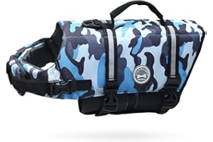 VIVAGLORY Ripstop Dog Life Jacket for Small Medium Large Dogs Boating, Swimming Vest for Dogs with Enhanced Visibility & Buoyancy, Camo Blue