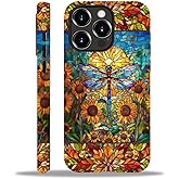 ZHEGAILIAN Compatible with iPhone 15 Pro Max Case,Stained Glass Pattern Dragonfly Sunflower 15 Pro Max 2 in 1 Silicone Mixed Hard Pc Case,Durable Shock-Proof 15 Pro Max