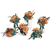 Ling's moment Daek Teal Blue Wedding Flowers Mini Bridesmaid Bouquets Set of 6 Pre-Made Small Floral Wedding Centerpieces (Daek Teal & Burnt Orange)