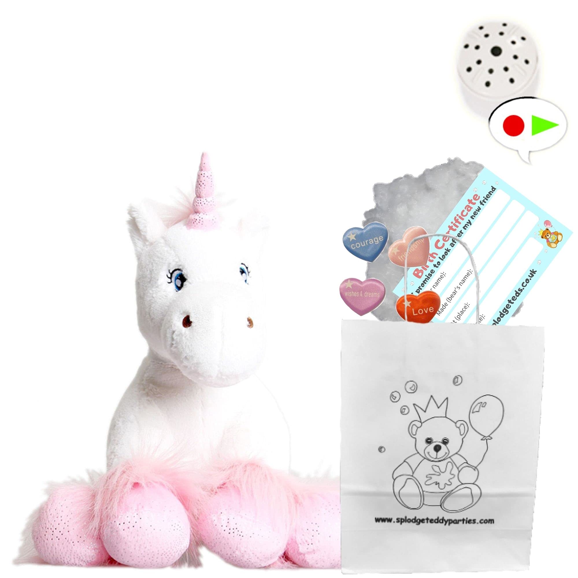 White Fluffy Unicorn with Sparkly Hooves - Soft Plush Toy - 10 inch / 25cm - Build your own Teddy Bear - Party Kit with 60 second recordable voice box