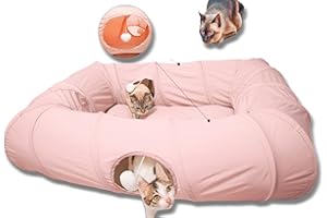 XxingSheep 4 Ways Shuttled XL Cat Tunnel Bed for Indoor Cats Peekaboo Cat Cave Donut with Cool Mat (Pink)