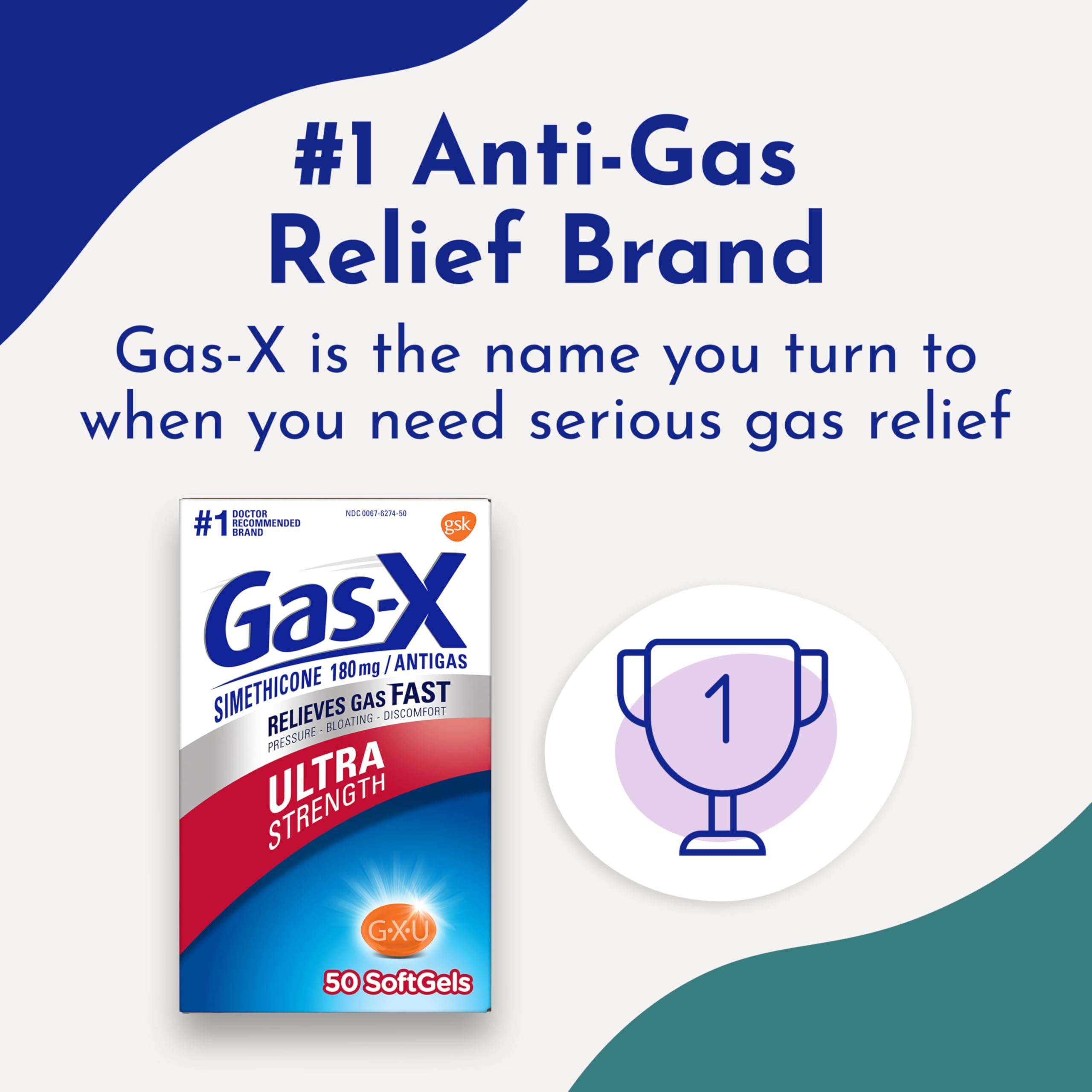 Gas-X Ultra Strength Gas Relief Softgels with Simethicone 180 mg for Bloating Relief - 50 Count